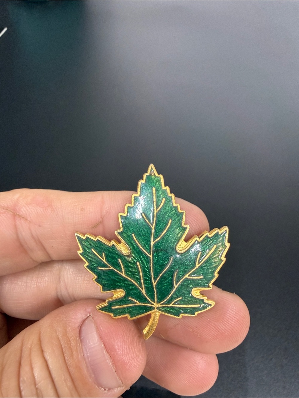 Green Enamel Maple Leaf Brooch with Gold Trim
